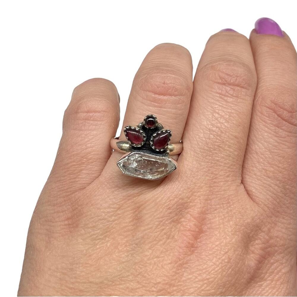 Herkimer Diamond Garnet Ring Solid Sterling Silve… - image 3